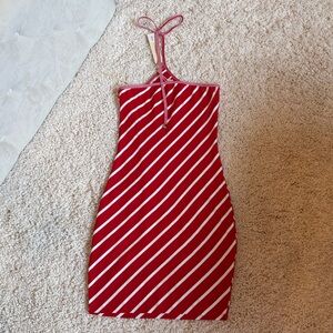 New mini dress red white stripe candy cane has a neck tie medium